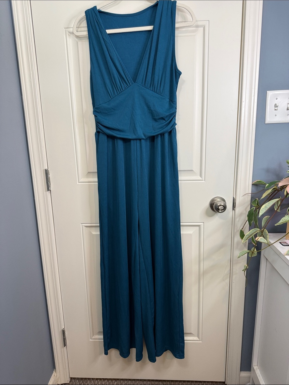 SHEIN Teal V-Neck Wide-Leg Jumpsuit